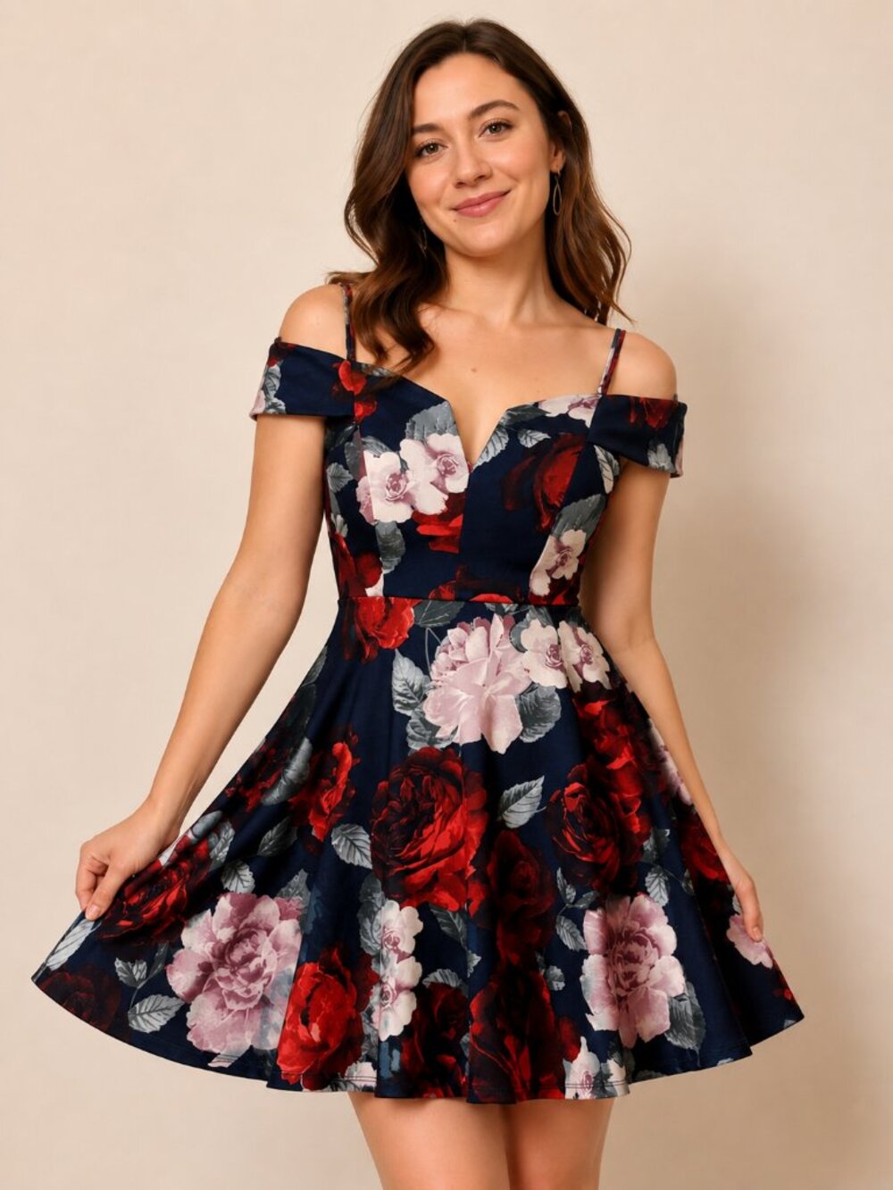 Navy Blue Floral Rose Print Cold Shoulder Fit and Flare Skater Dress Size XS